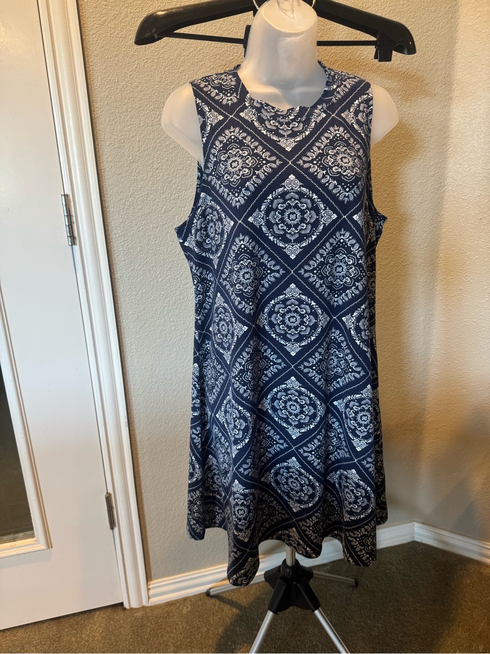 Navy Blue Printed Sleeveless Dress XL